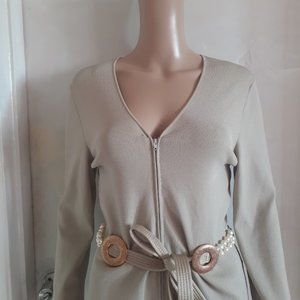 VALENTINO BEIGE SWEATER EMBELLISHED DEEP V-NECKLINE BELTED CARDIGAN SIZE US L